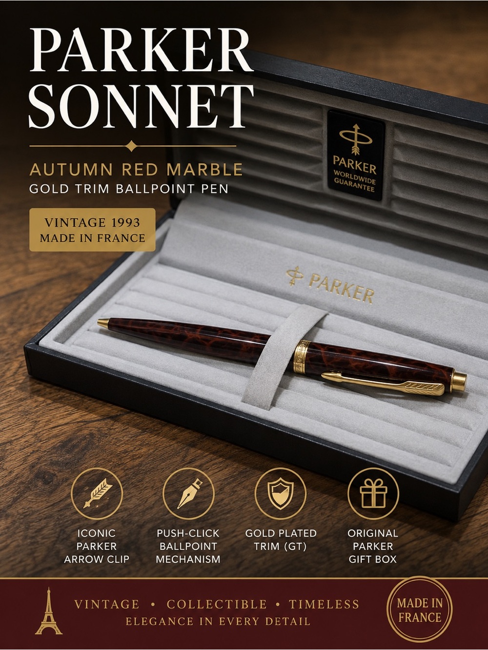 Parker Sonnet Vintage 1993 Autumn Red Marble Gold Trim Ballpoint Pen